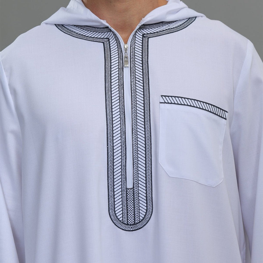 Men's Hooded Embroidered Thobe with Pockets (MT037)
