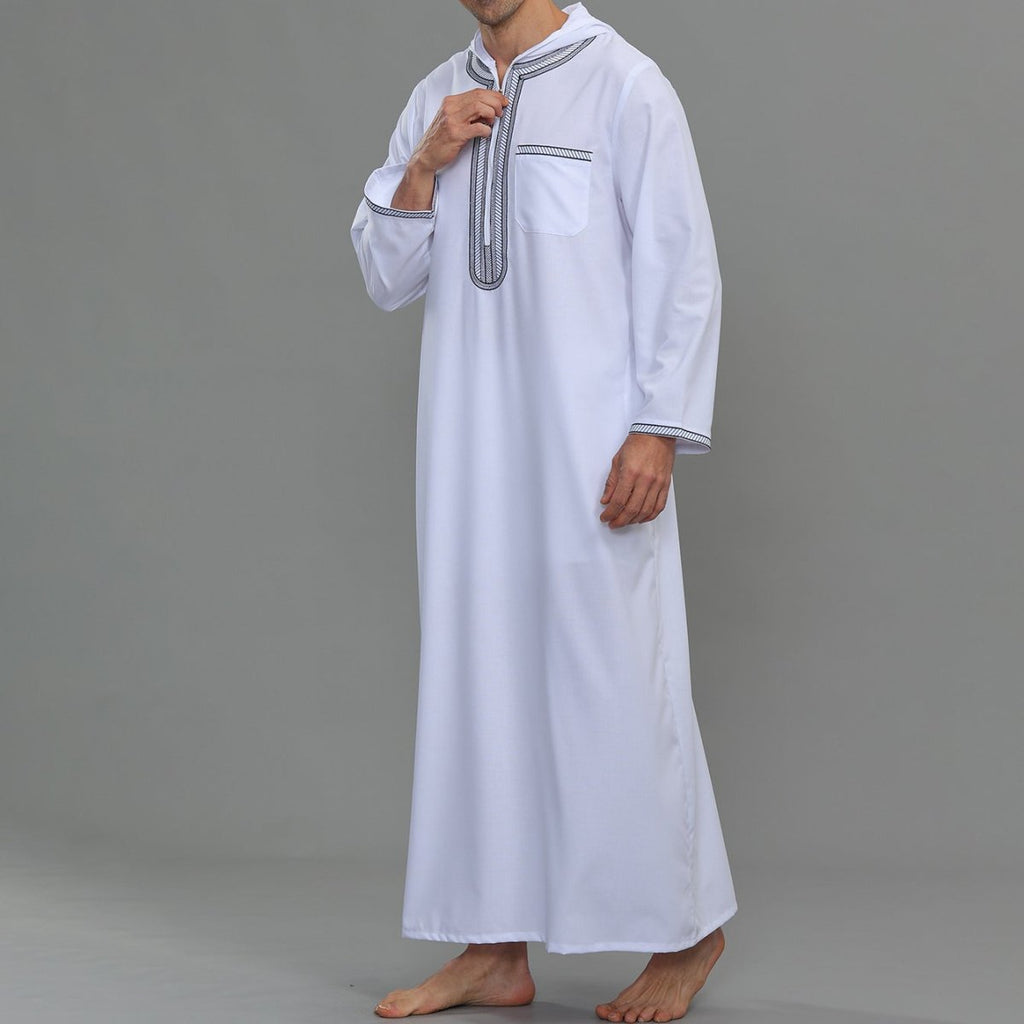 Men's Hooded Embroidered Thobe with Pockets (MT037)