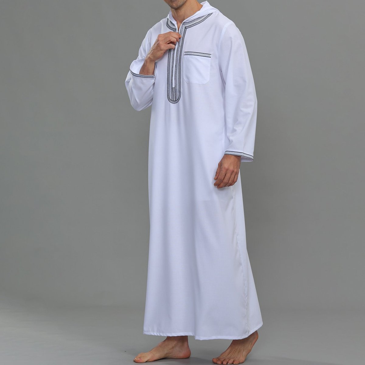 Men's Hooded Embroidered Thobe with Pockets (MT037)