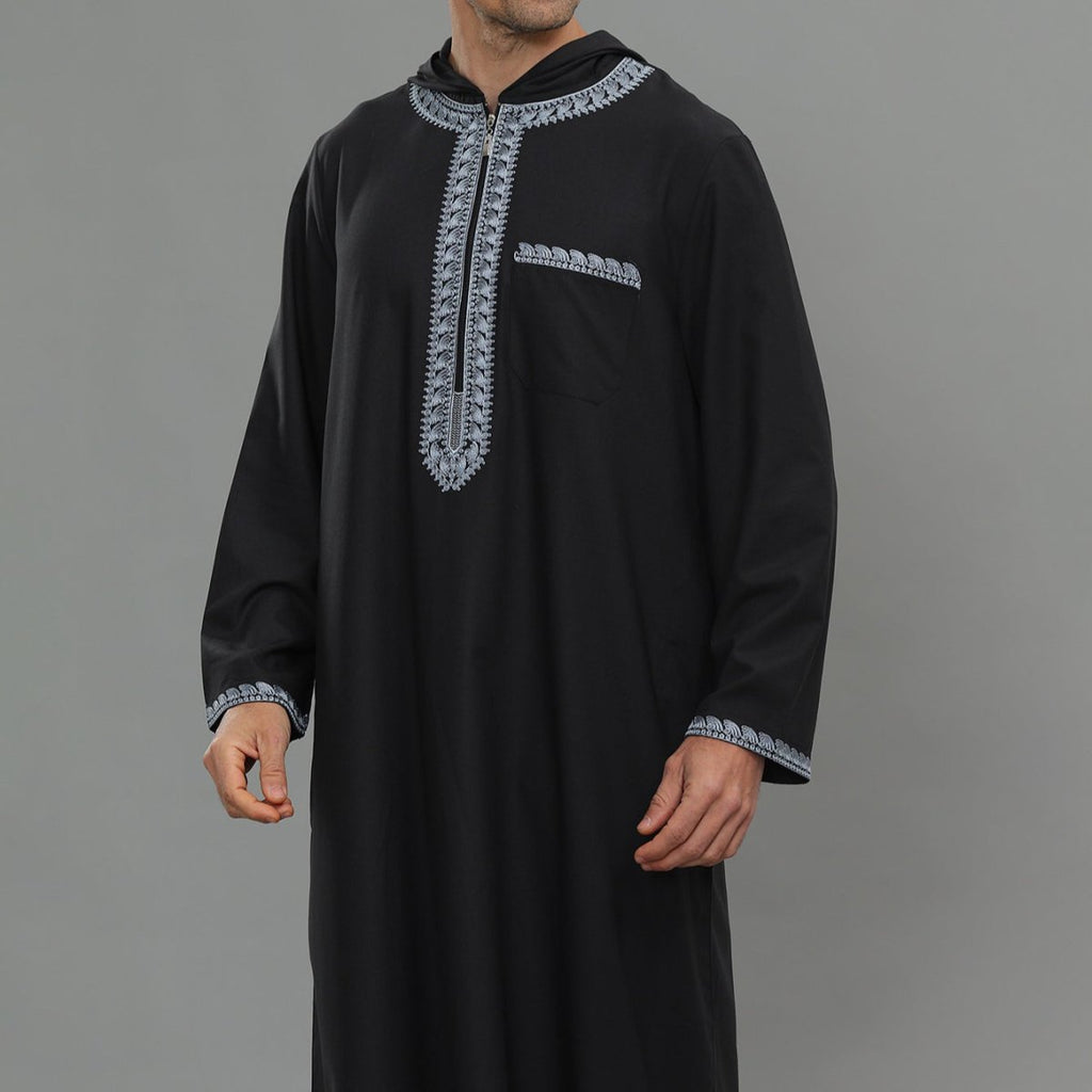 Men's Hooded Embroidered Thobe with Pockets (MT037)