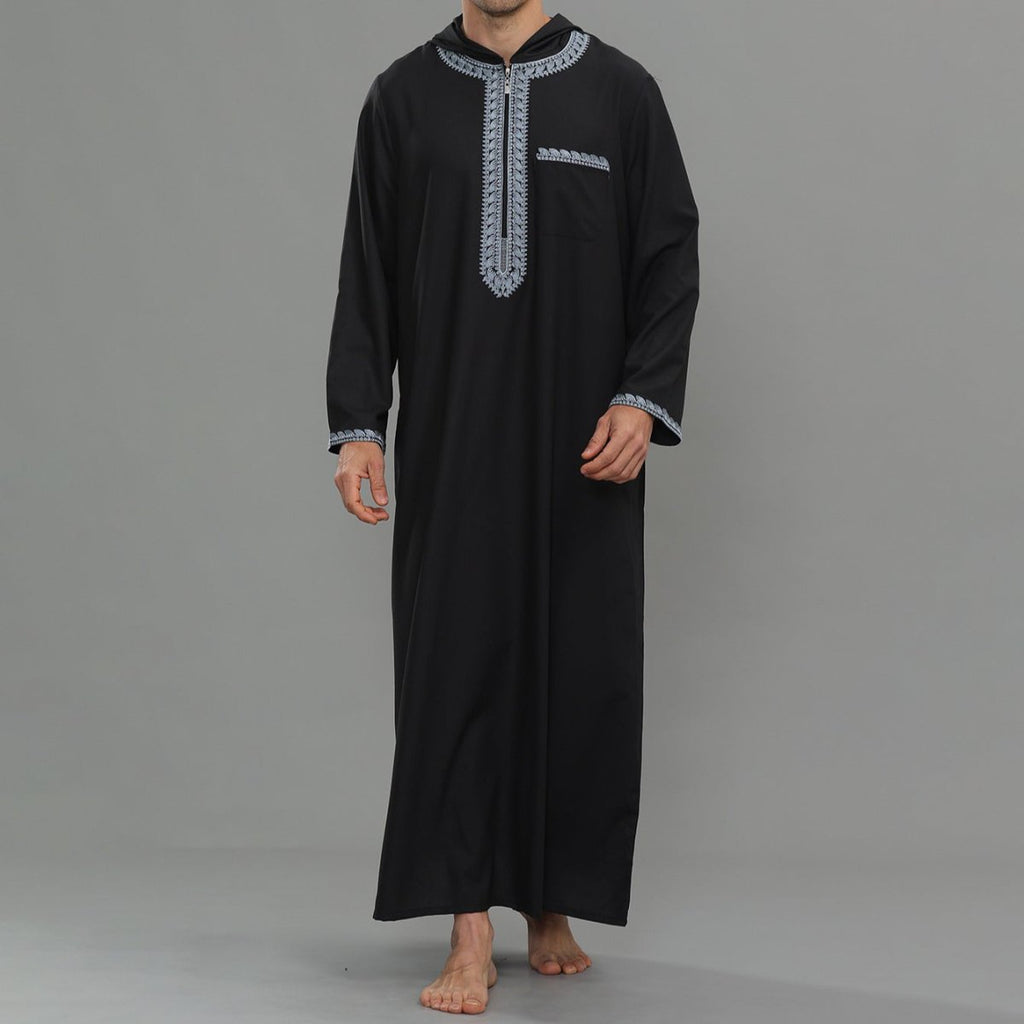 Men's Hooded Embroidered Thobe with Pockets (MT037)