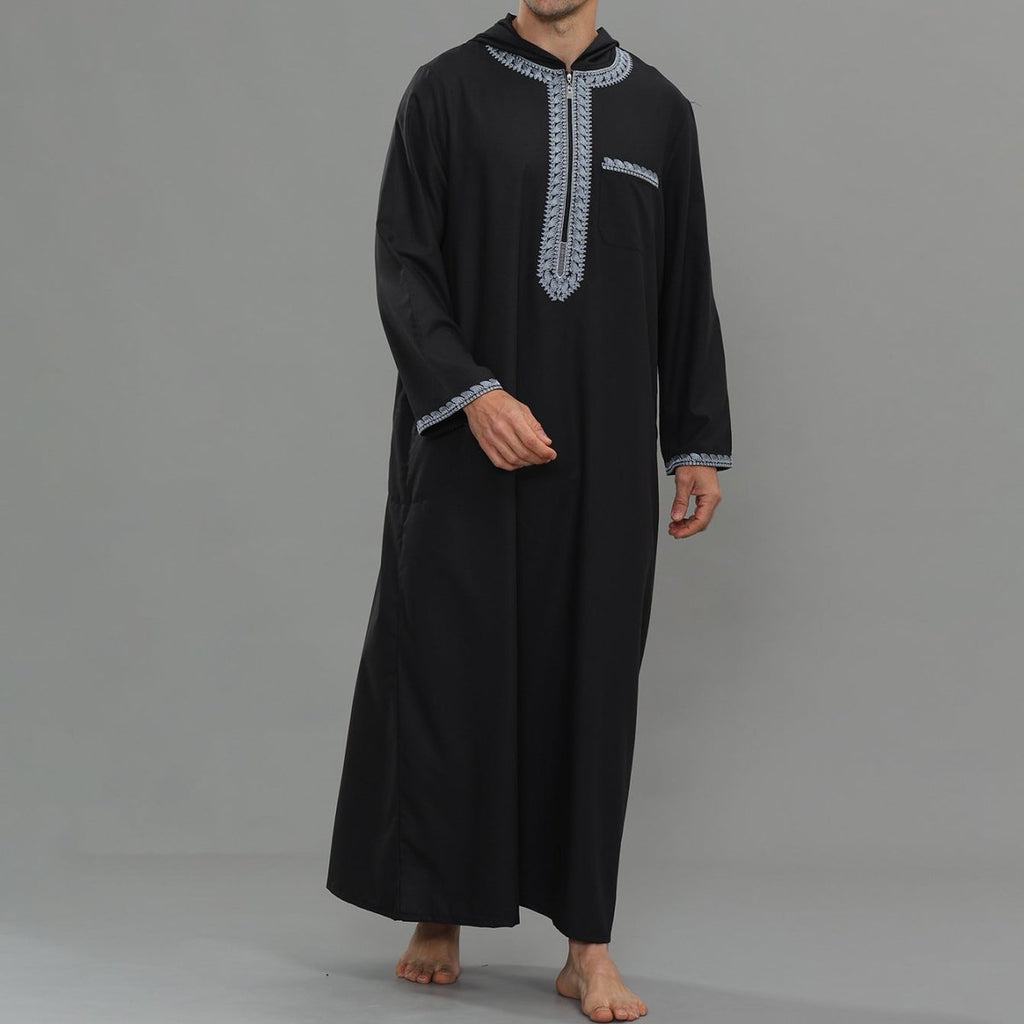 Men's Hooded Embroidered Thobe with Pockets (MT037)