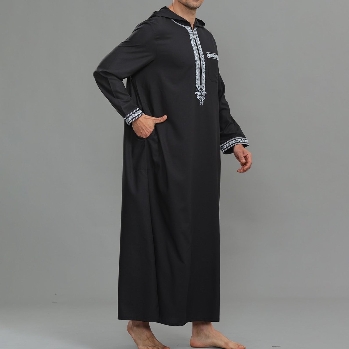 Men's Hooded Embroidered Thobe with Pockets (MT037)