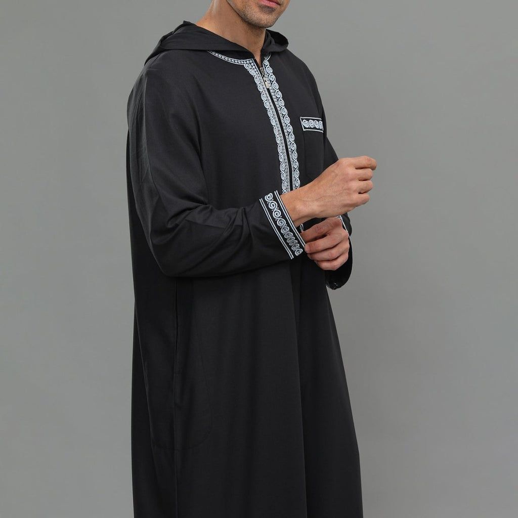 Men's Hooded Embroidered Thobe with Pockets (MT037)