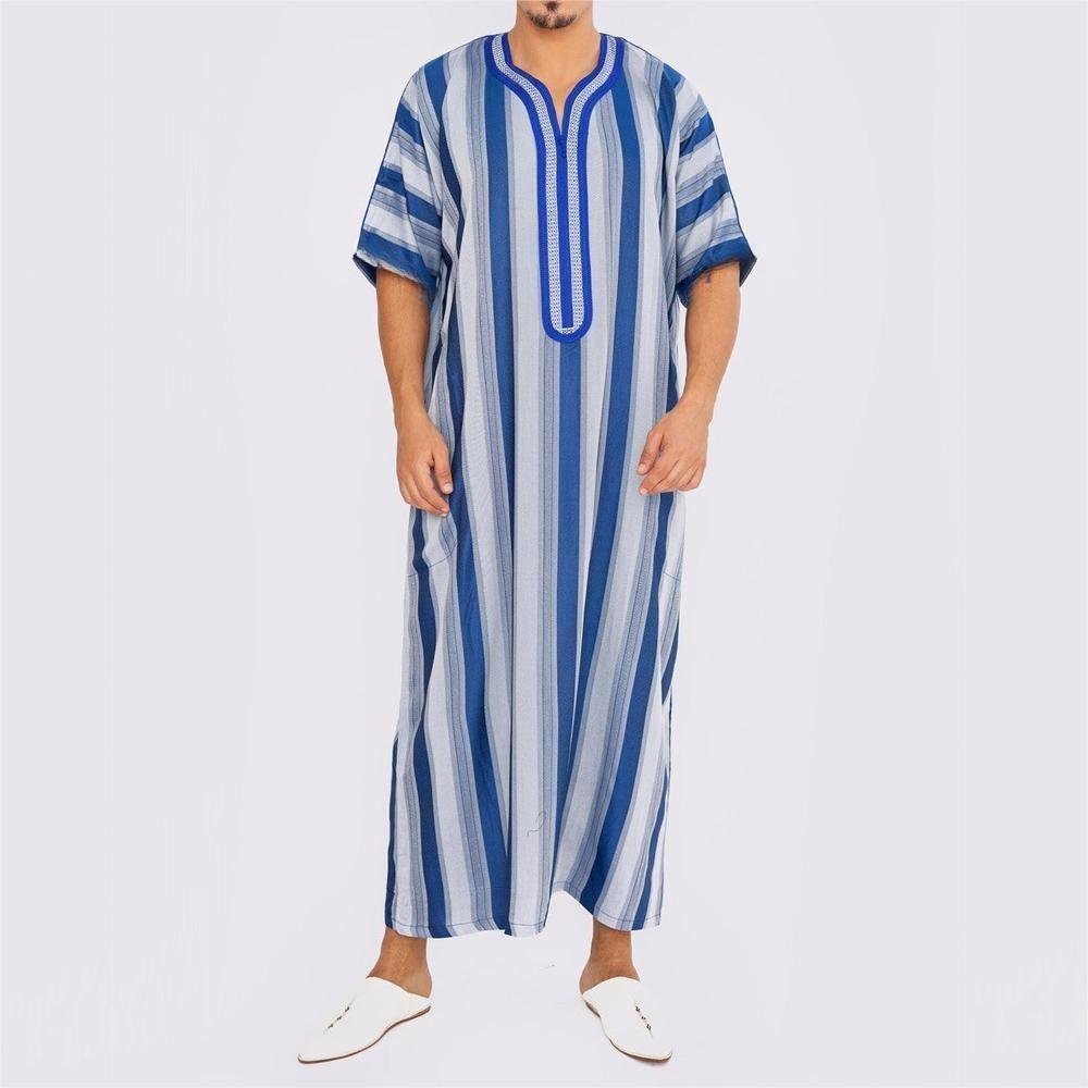 Men's Short Sleeve Breathable Blue & White Striped Thobe Long Robe with V-Neck & Modest Fit (MT031)