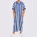Men's Short Sleeve Breathable Blue & White Striped Thobe Long Robe with V-Neck & Modest Fit (MT031)