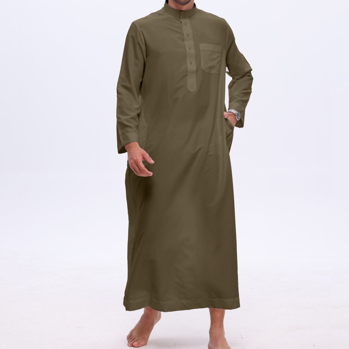 Men's Solid Color Thobe with Button Placket (MT036)