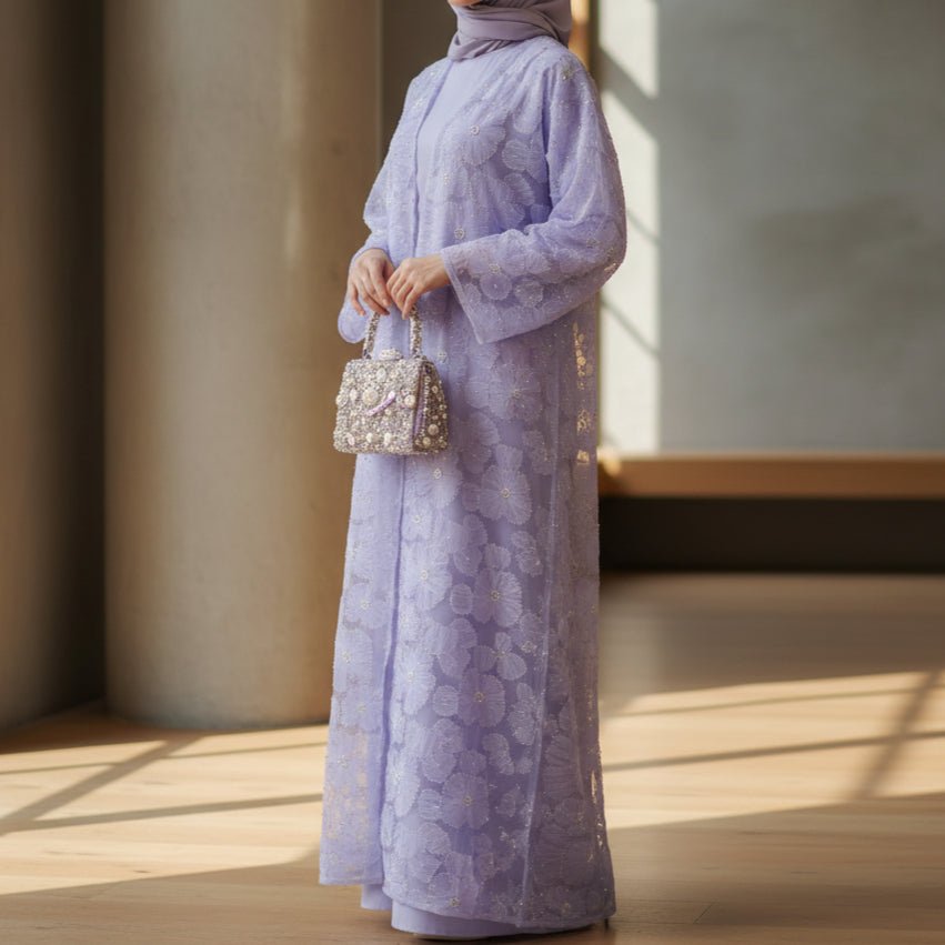 Mesh Flower Bead Open Abaya and Satin Interior Dress 2-Piece Set  | Elegant Muslim Wedding Guest Outfit(MOA222)