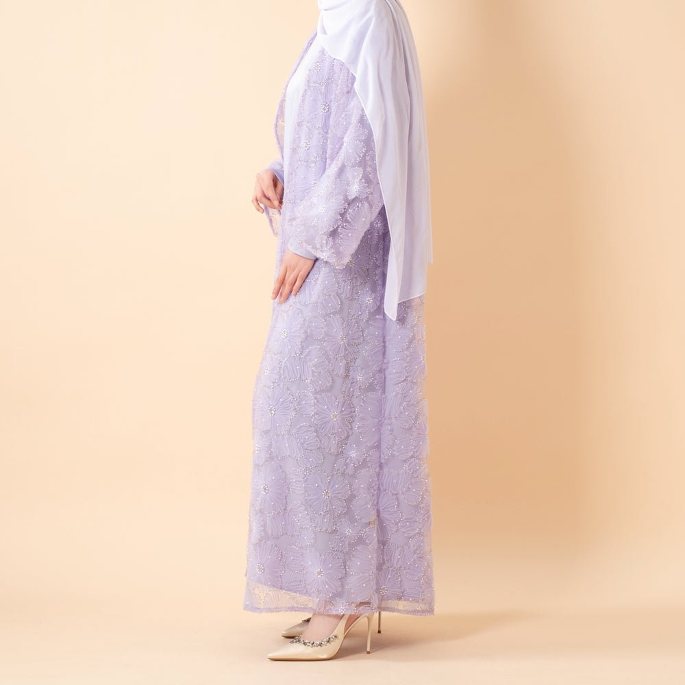 Mesh Flower Bead Open Abaya and Satin Interior Dress 2-Piece Set  | Elegant Muslim Wedding Guest Outfit(MOA222)