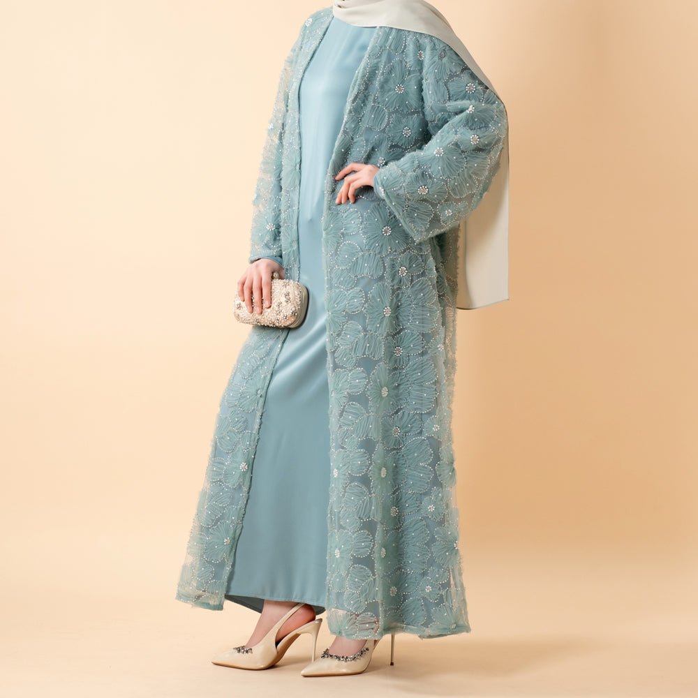 Mesh Flower Bead Open Abaya and Satin Interior Dress 2-Piece Set  | Elegant Muslim Wedding Guest Outfit(MOA222)