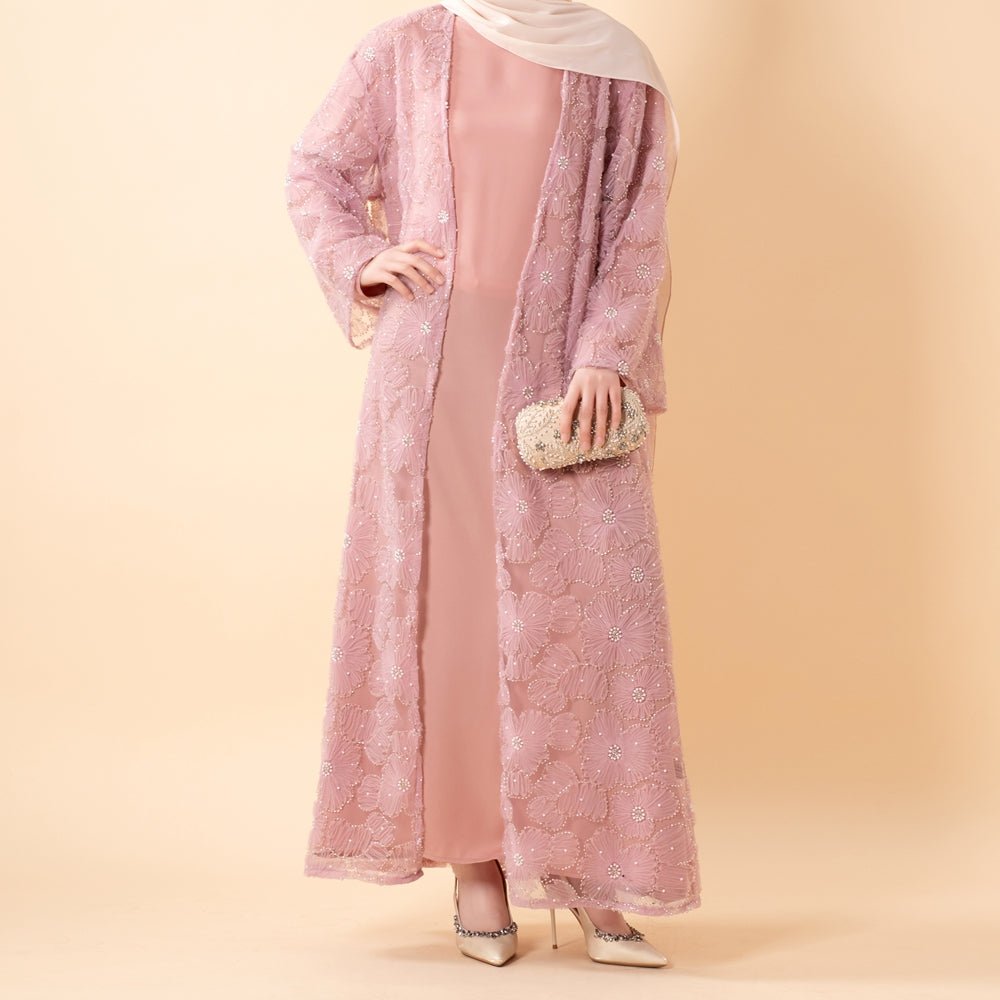 Mesh Flower Bead Open Abaya and Satin Interior Dress 2-Piece Set  | Elegant Muslim Wedding Guest Outfit(MOA222)