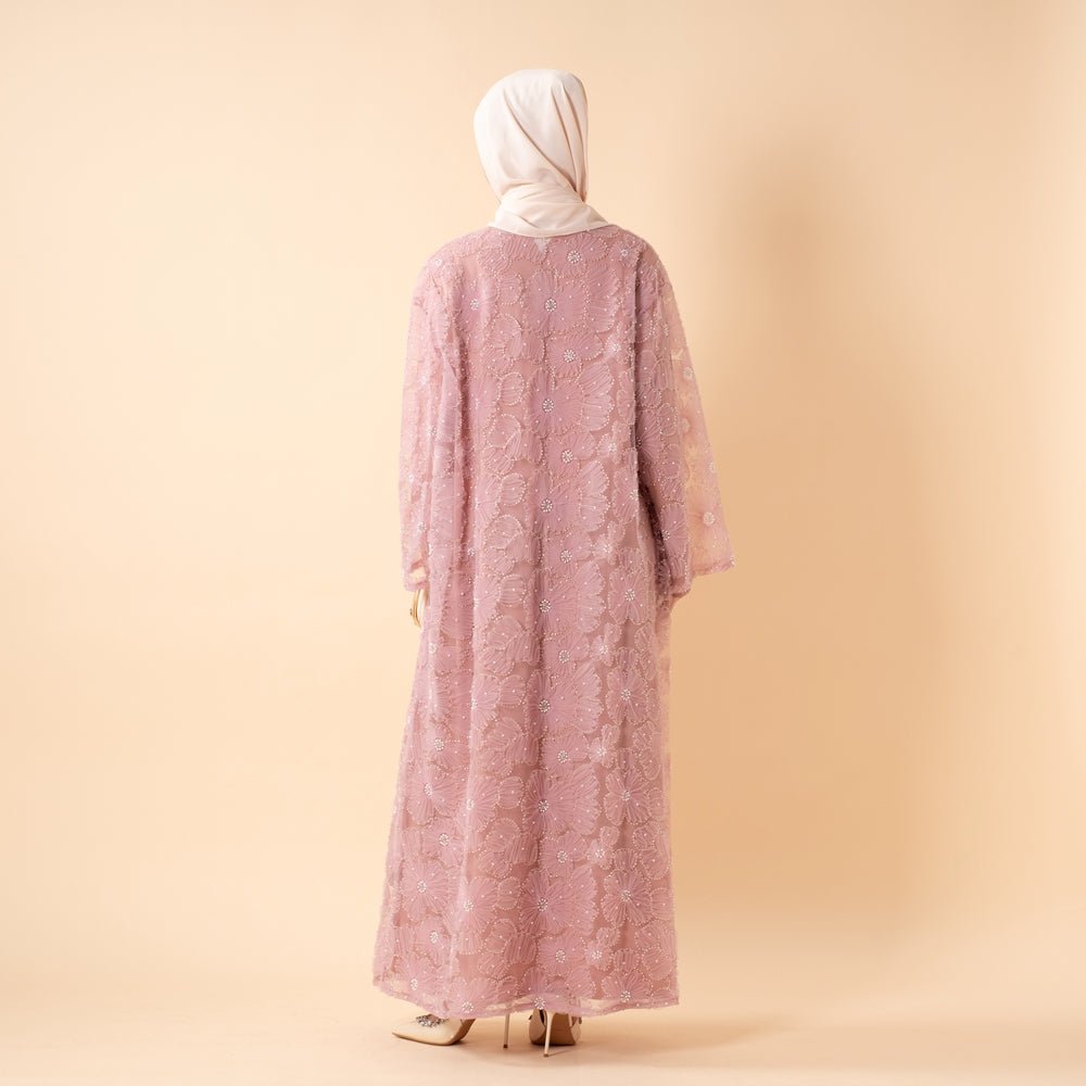 Mesh Flower Bead Open Abaya and Satin Interior Dress 2-Piece Set  | Elegant Muslim Wedding Guest Outfit(MOA222)