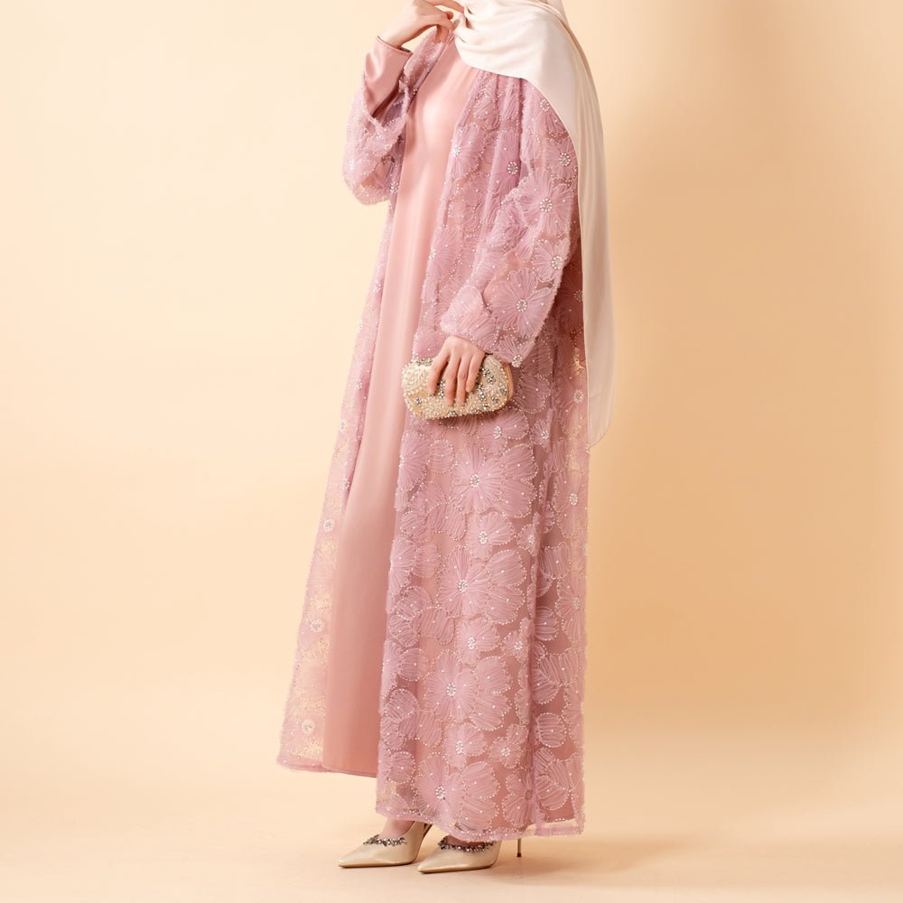 Mesh Flower Bead Open Abaya and Satin Interior Dress 2-Piece Set  | Elegant Muslim Wedding Guest Outfit(MOA222)
