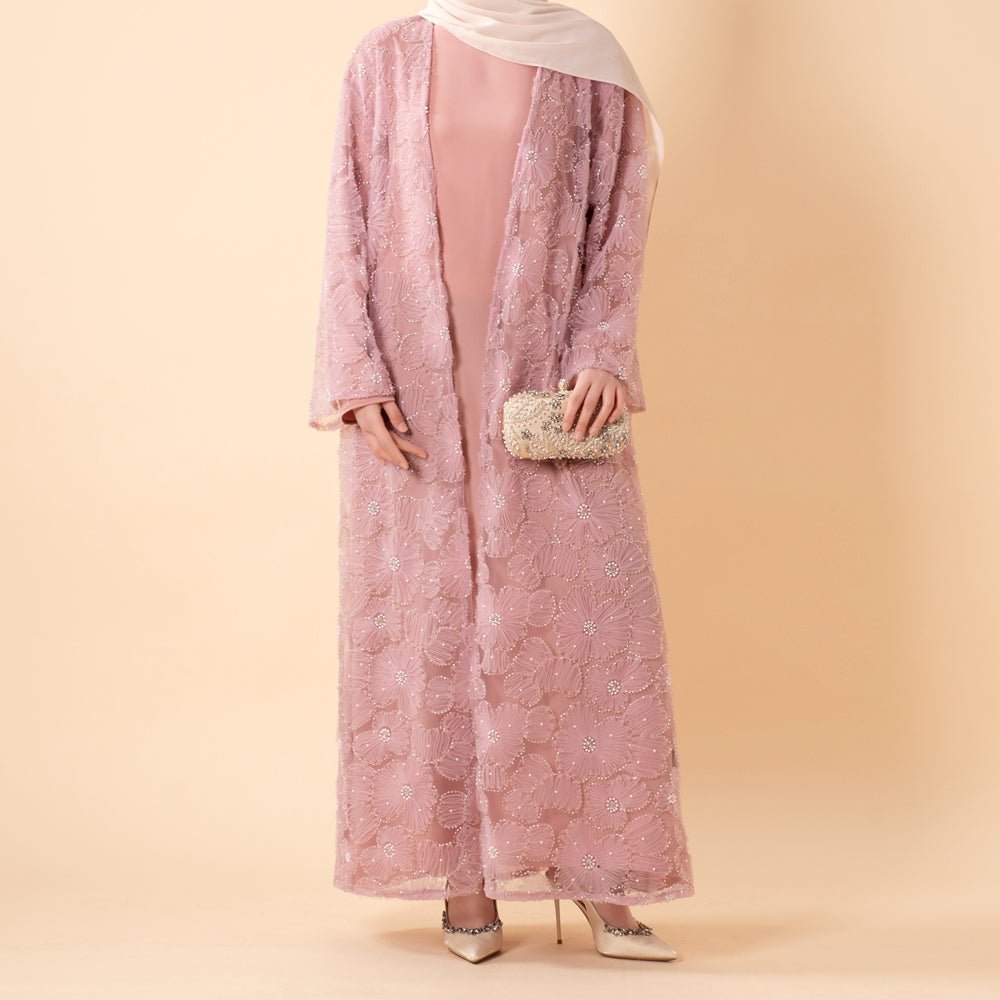 Mesh Flower Bead Open Abaya and Satin Interior Dress 2-Piece Set  | Elegant Muslim Wedding Guest Outfit(MOA222)