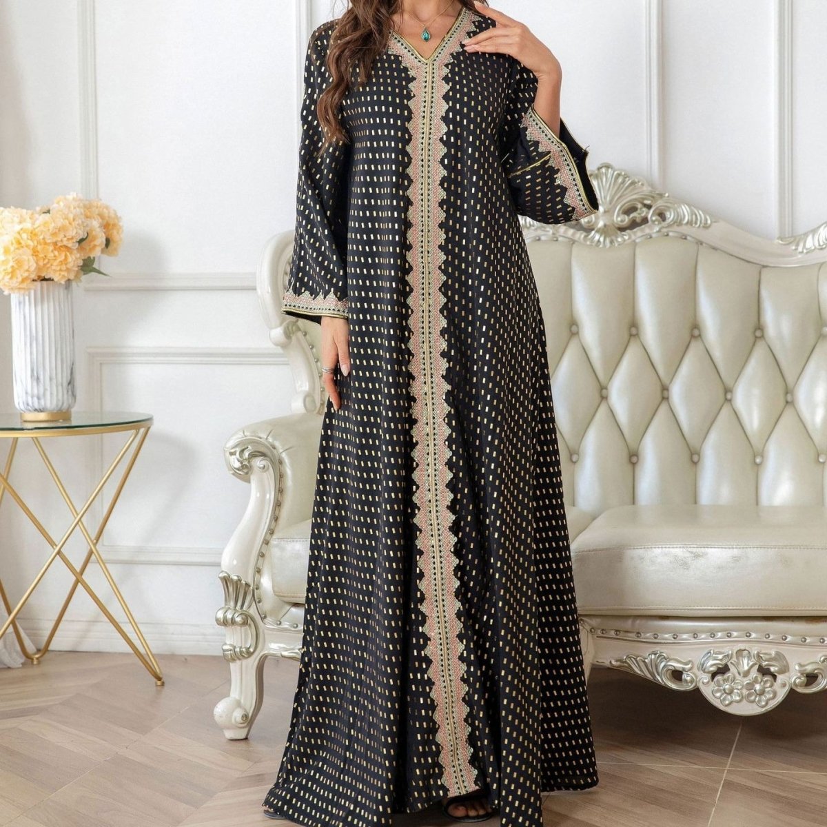 Metallic Embroidered Lace Trim Abaya (MA367)