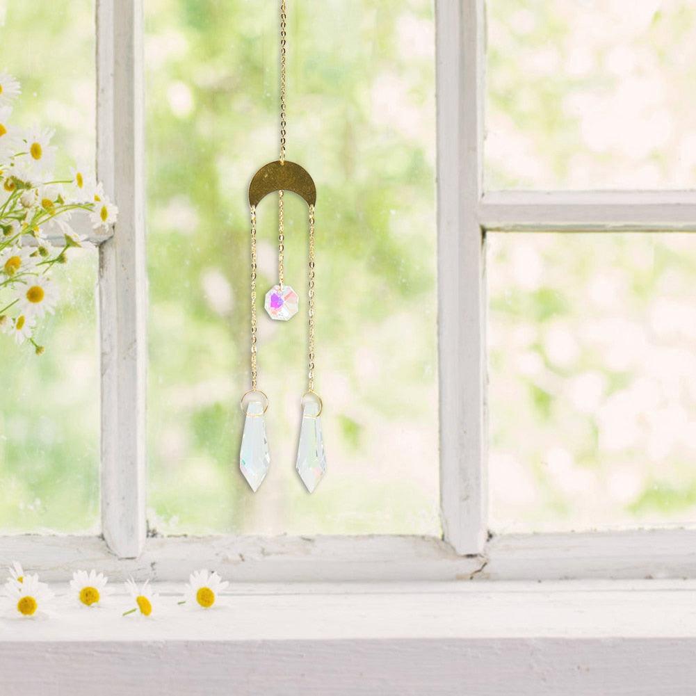 Metallic Hoop Moon Sun Catcher Hanging Crystal Pendant Chandelier Lamps Light Crystals Glass Pendants Light Rainbow Maker Wind Chime Hanging Drop Gift of Good Luck Garden Decor Hanging Ornament For Home Decoration