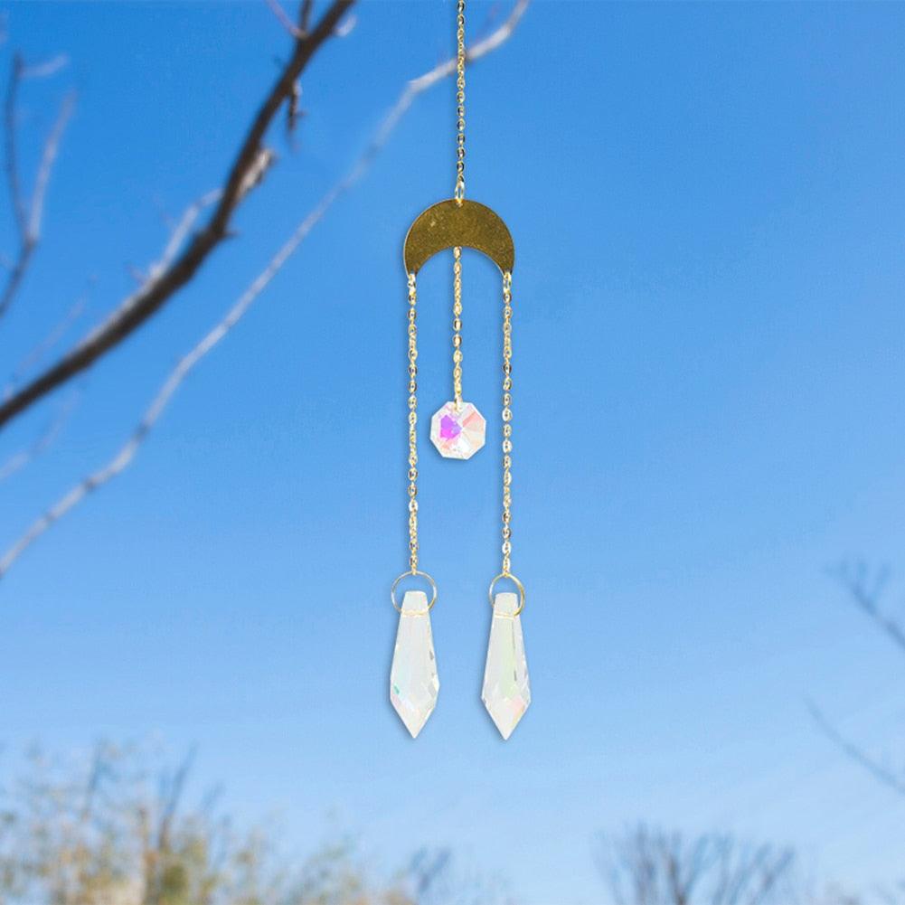 Metallic Hoop Moon Sun Catcher Hanging Crystal Pendant Chandelier Lamps Light Crystals Glass Pendants Light Rainbow Maker Wind Chime Hanging Drop Gift of Good Luck Garden Decor Hanging Ornament For Home Decoration