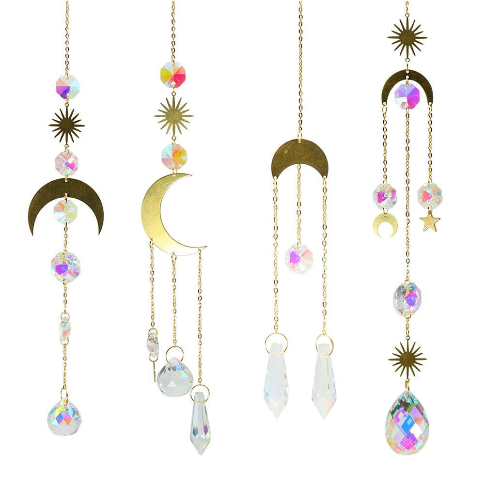 Metallic Hoop Moon Sun Wind Chimes K9 Crystal Prisms Hanging Sun-catcher Rainbow Chaser Window Curtains Pendant Home Decor Gifts For Wall Hanging Decor Room Home Photography Prop