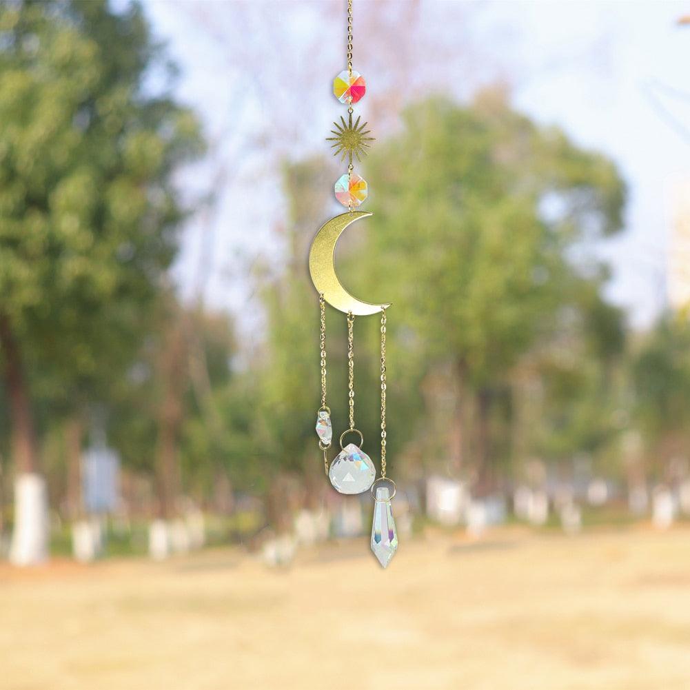 Metallic Hoop Moon Sun Wind Chimes K9 Crystal Prisms Hanging Sun-catcher Rainbow Chaser Window Curtains Pendant Home Decor Gifts For Wall Hanging Decor Room Home Photography Prop