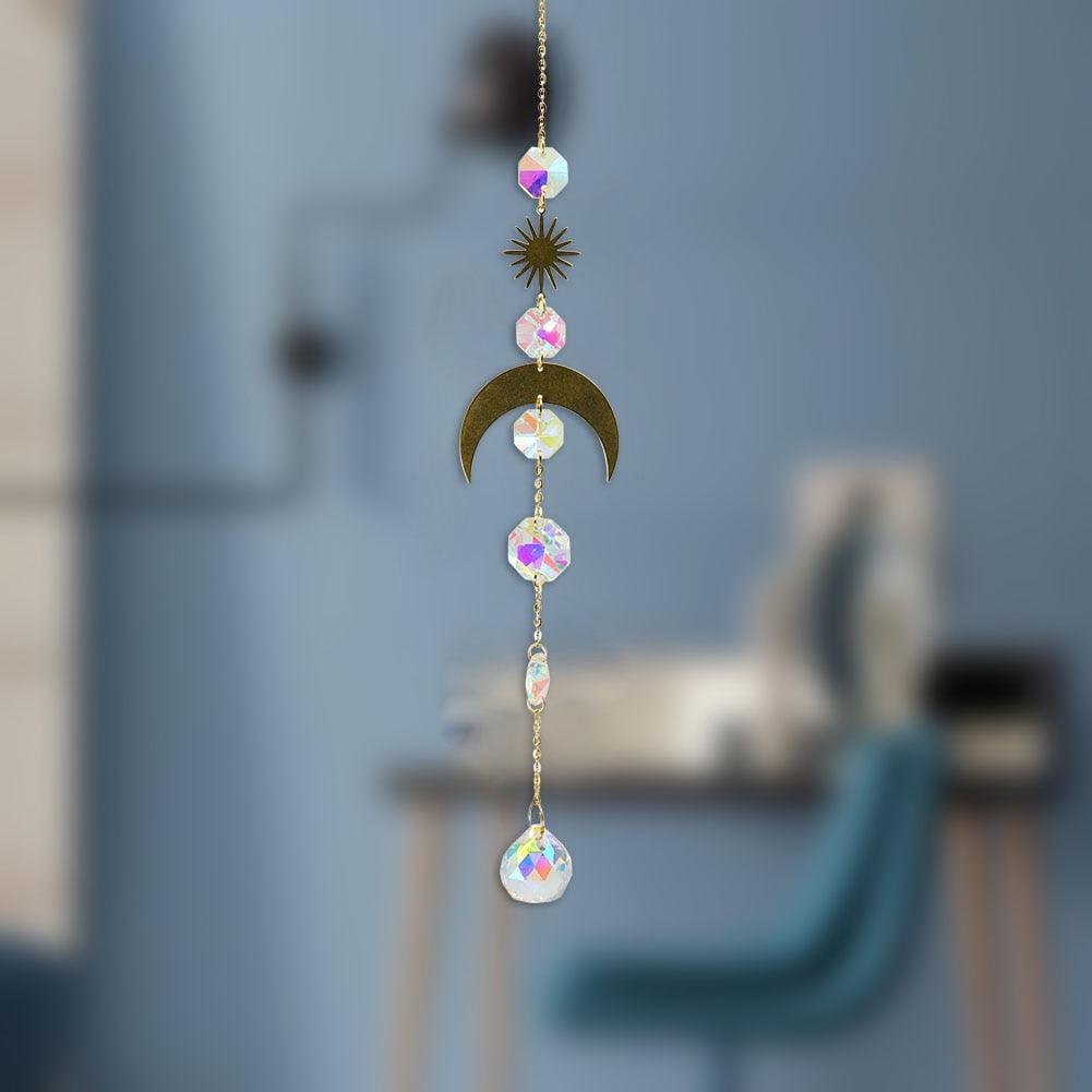 Metallic Hoop Moon Sun Wind Chimes K9 Crystal Prisms Hanging Sun-catcher Rainbow Chaser Window Curtains Pendant Home Decor Gifts For Wall Hanging Decor Room Home Photography Prop