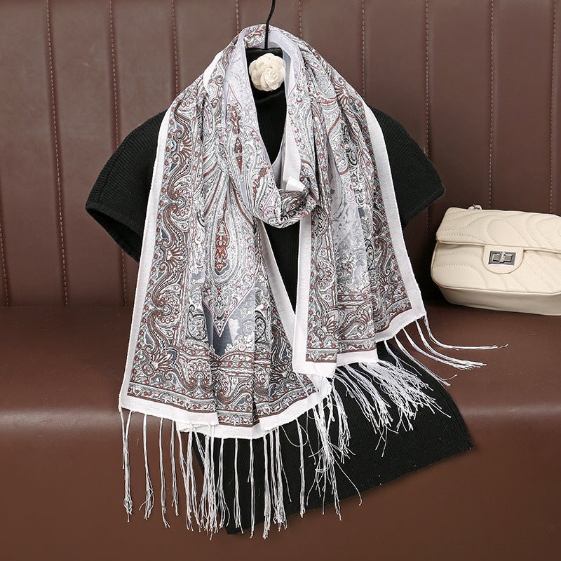 MH070 Fresh Floral Pattern With Tassels Polyester Hijab