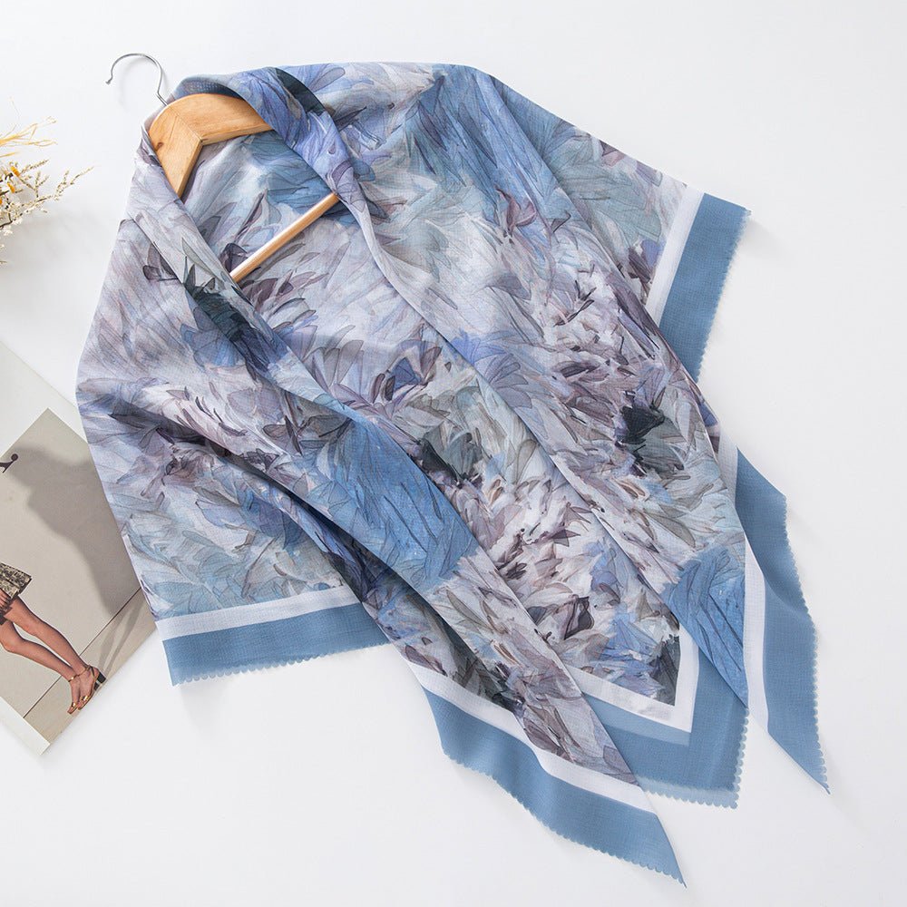 MH072 Square Floral Print Wavy Cut-off Voile Hijab