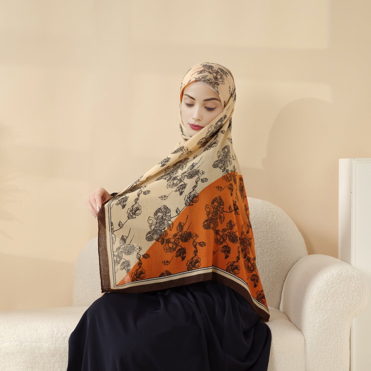 MH095 Printed Colorblock Geometric and Natural Floral Pattern Cotton and Linen Blend Shawl