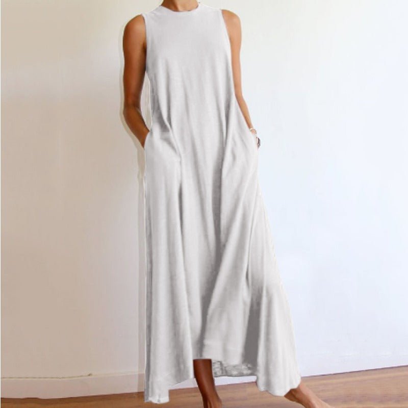Sleeveless Silk Maxi Dress with Pockets | A-Line Silk Maxi Dress With No Sleeves (MS189)