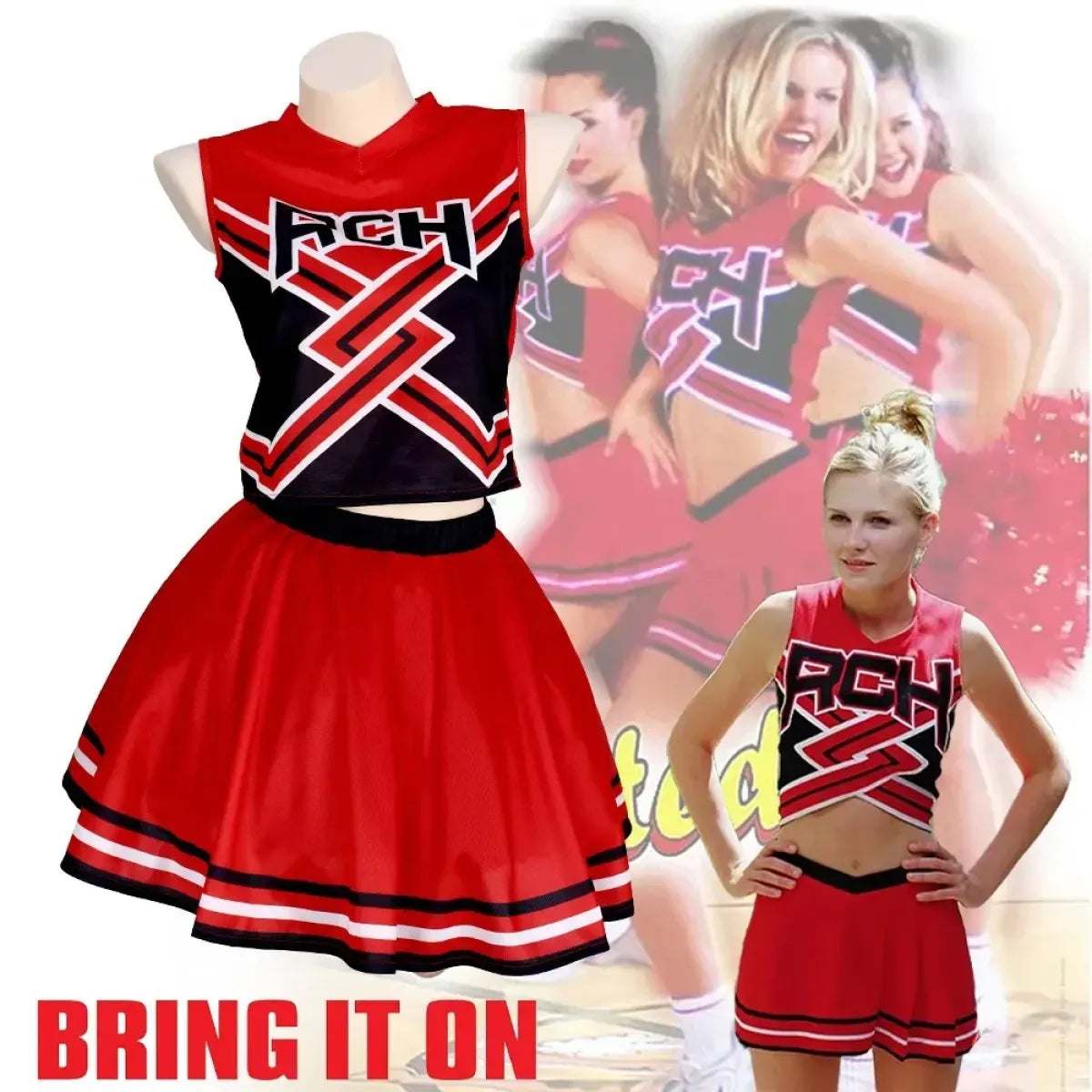Takerlama RCH Printed Cheerleader Uniform Bring it On Cosplay Women's Fancy Dress Tank Top Mini Skirt Halloween Costume Clothes