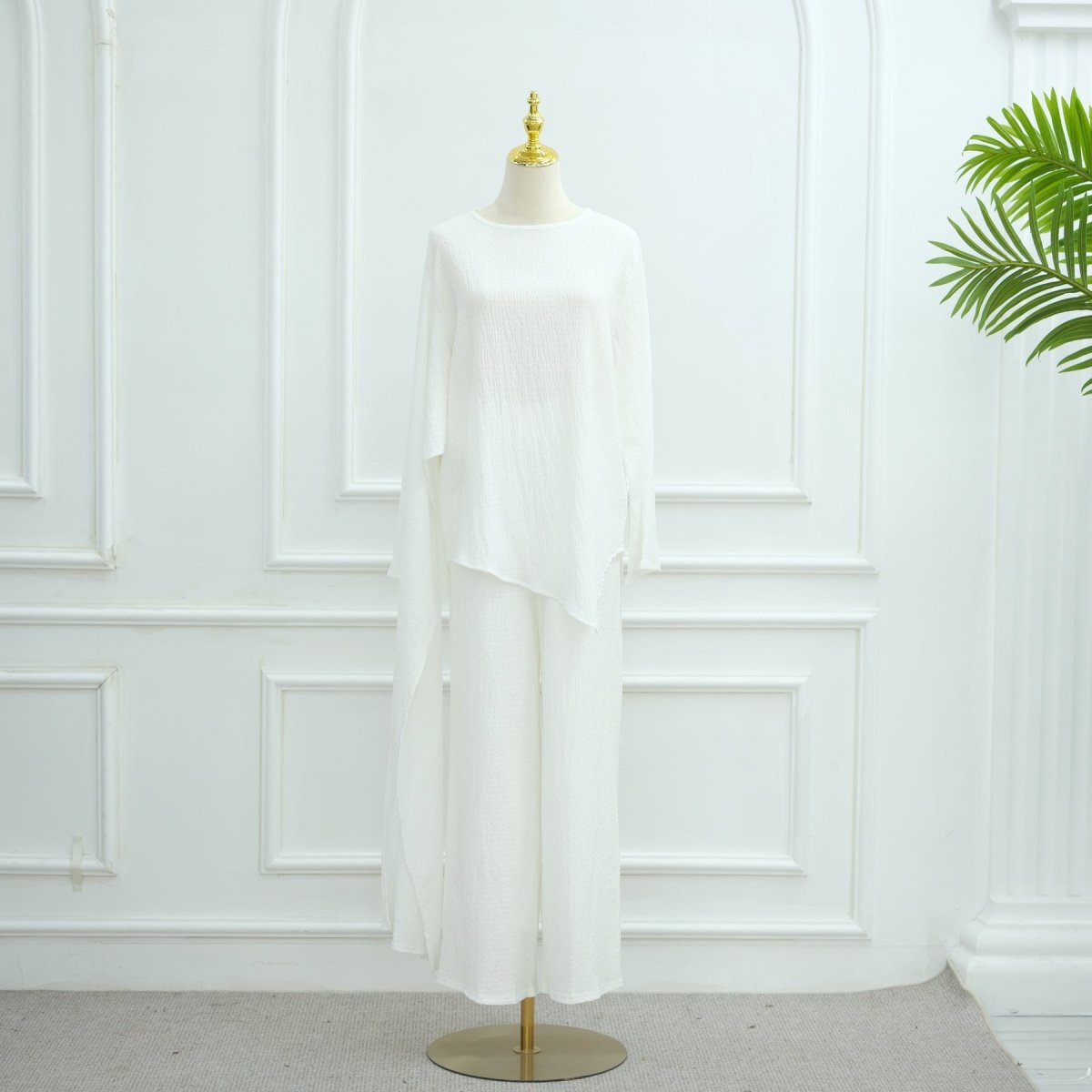 Minimalist Luxury Modest Lounge Two-Piece Set | Asymmetrical Cardigan & Wide-Leg Pants (MS093)