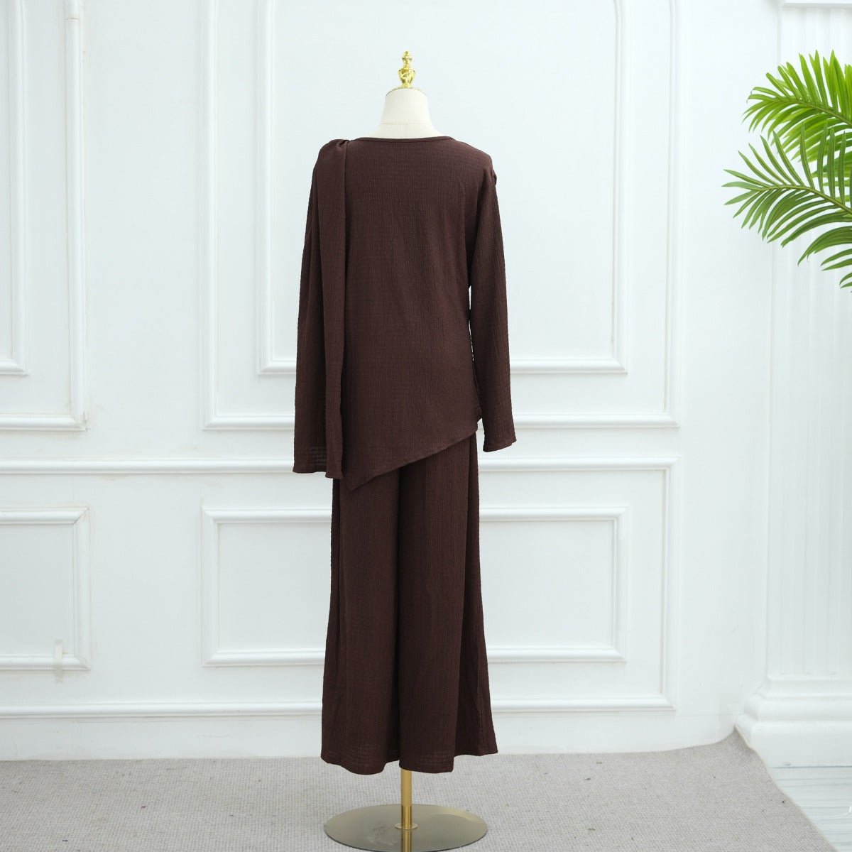 Minimalist Luxury Modest Lounge Two-Piece Set | Asymmetrical Cardigan & Wide-Leg Pants (MS093)
