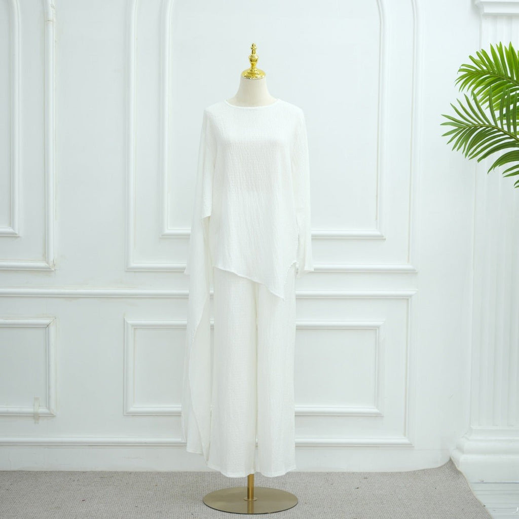 Minimalist Luxury Modest Lounge Two-Piece Set | Asymmetrical Cardigan & Wide-Leg Pants (MS093)