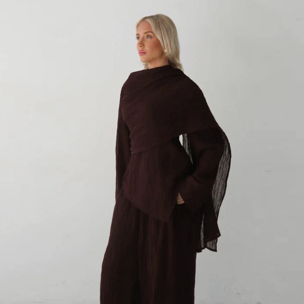 Minimalist Luxury Modest Lounge Two-Piece Set | Asymmetrical Cardigan & Wide-Leg Pants (MS093)