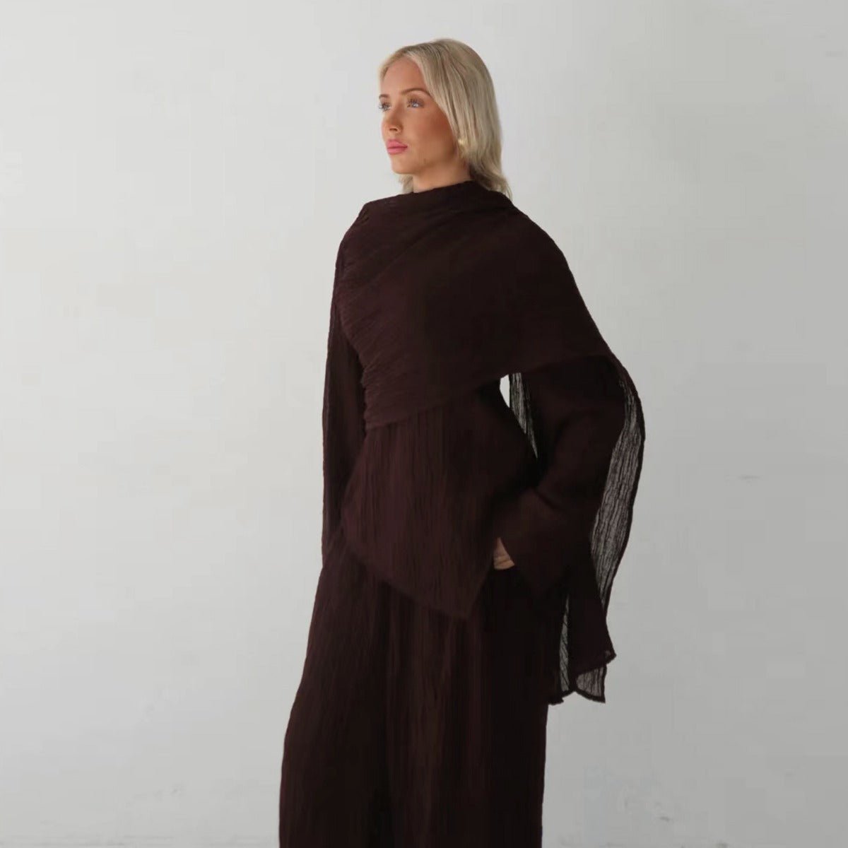 Minimalist Luxury Modest Lounge Two-Piece Set | Asymmetrical Cardigan & Wide-Leg Pants (MS093)