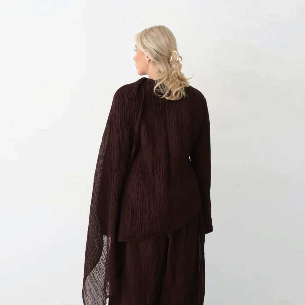 Minimalist Luxury Modest Lounge Two-Piece Set | Asymmetrical Cardigan & Wide-Leg Pants (MS093)