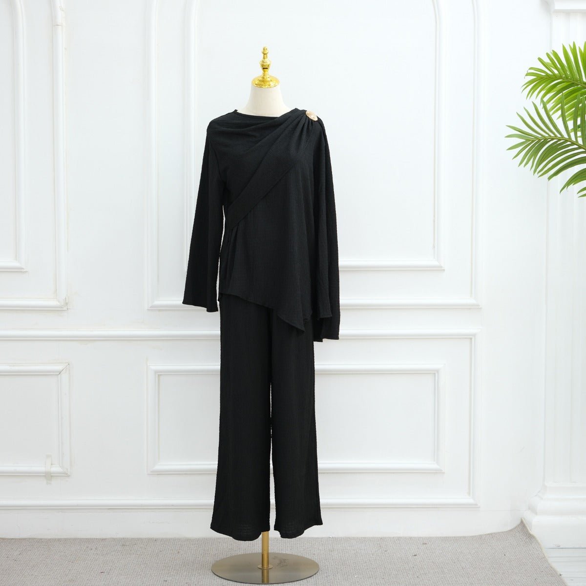 Minimalist Luxury Modest Lounge Two-Piece Set | Asymmetrical Cardigan & Wide-Leg Pants (MS093)