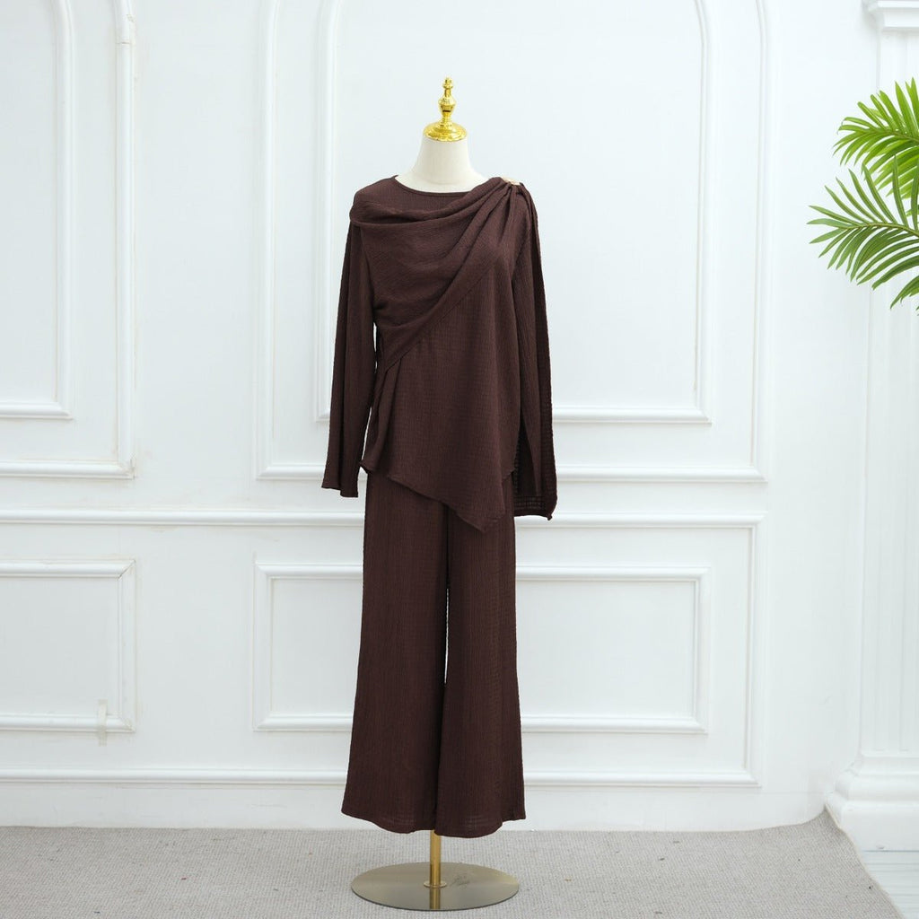 Minimalist Luxury Modest Lounge Two-Piece Set | Asymmetrical Cardigan & Wide-Leg Pants (MS093)