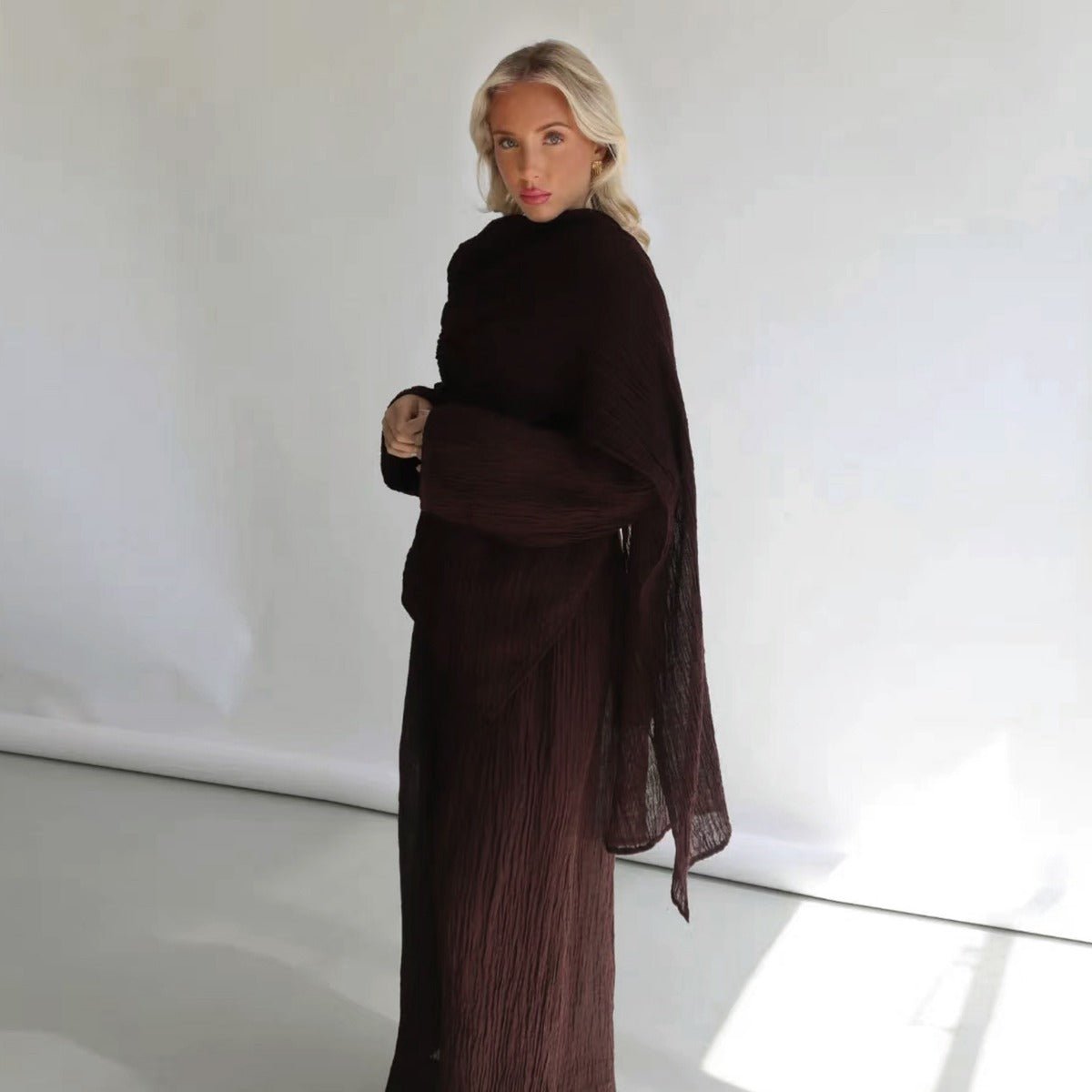 Minimalist Luxury Modest Lounge Two-Piece Set | Asymmetrical Cardigan & Wide-Leg Pants (MS093)