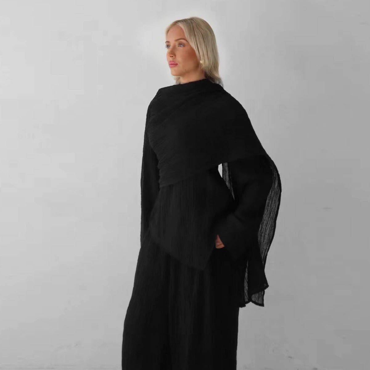 Minimalist Luxury Modest Lounge Two-Piece Set | Asymmetrical Cardigan & Wide-Leg Pants (MS093)