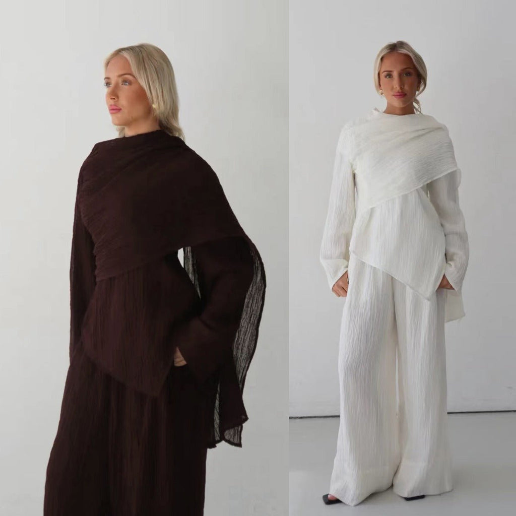 Minimalist Luxury Modest Lounge Two-Piece Set | Asymmetrical Cardigan & Wide-Leg Pants (MS093)