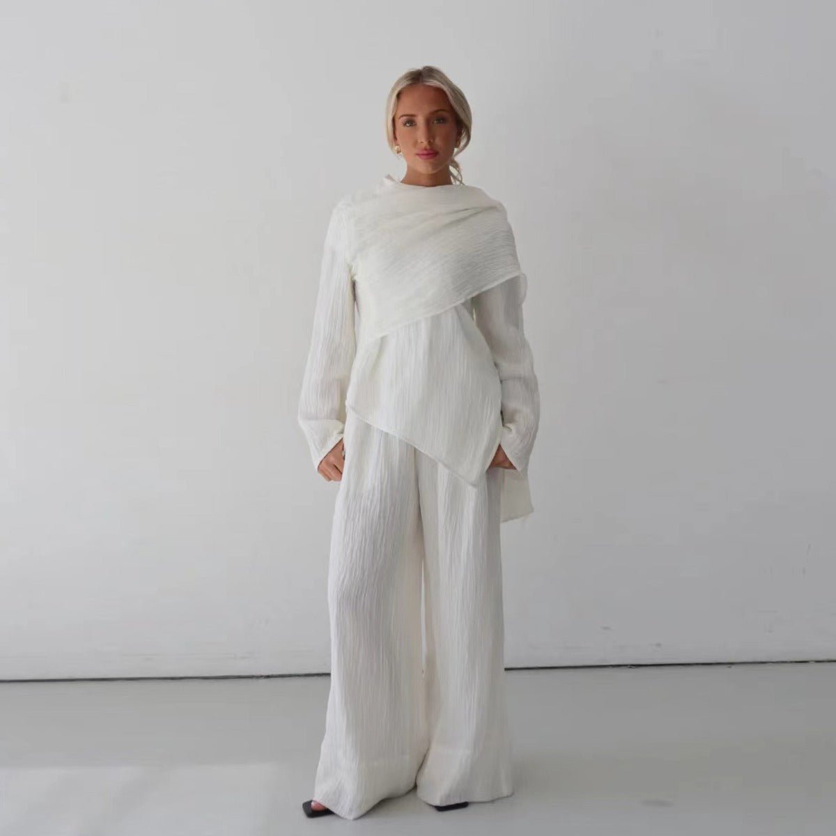 Minimalist Luxury Modest Lounge Two-Piece Set | Asymmetrical Cardigan & Wide-Leg Pants (MS093)