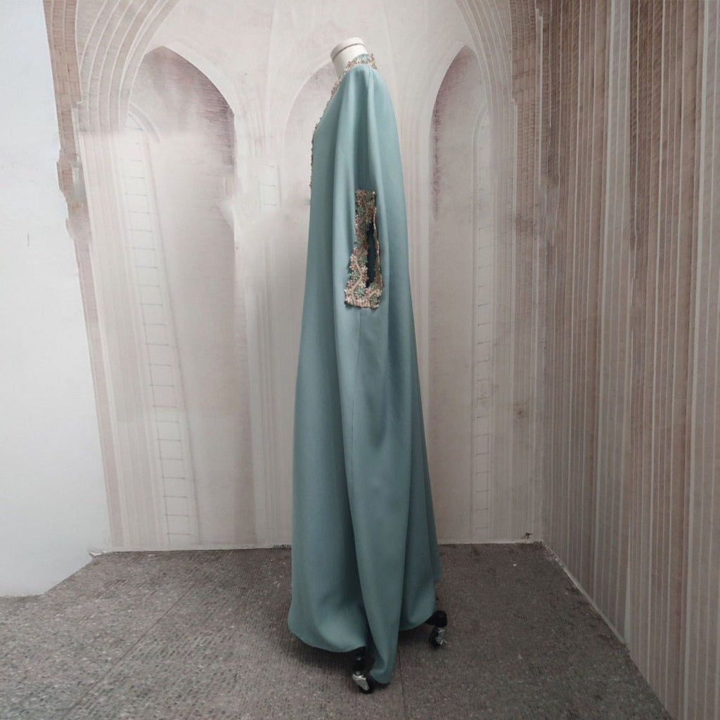 Mint Gold Bell Sleeve Abaya & Robe | Formal Muslim Luxury Two-Piece (MOA177)