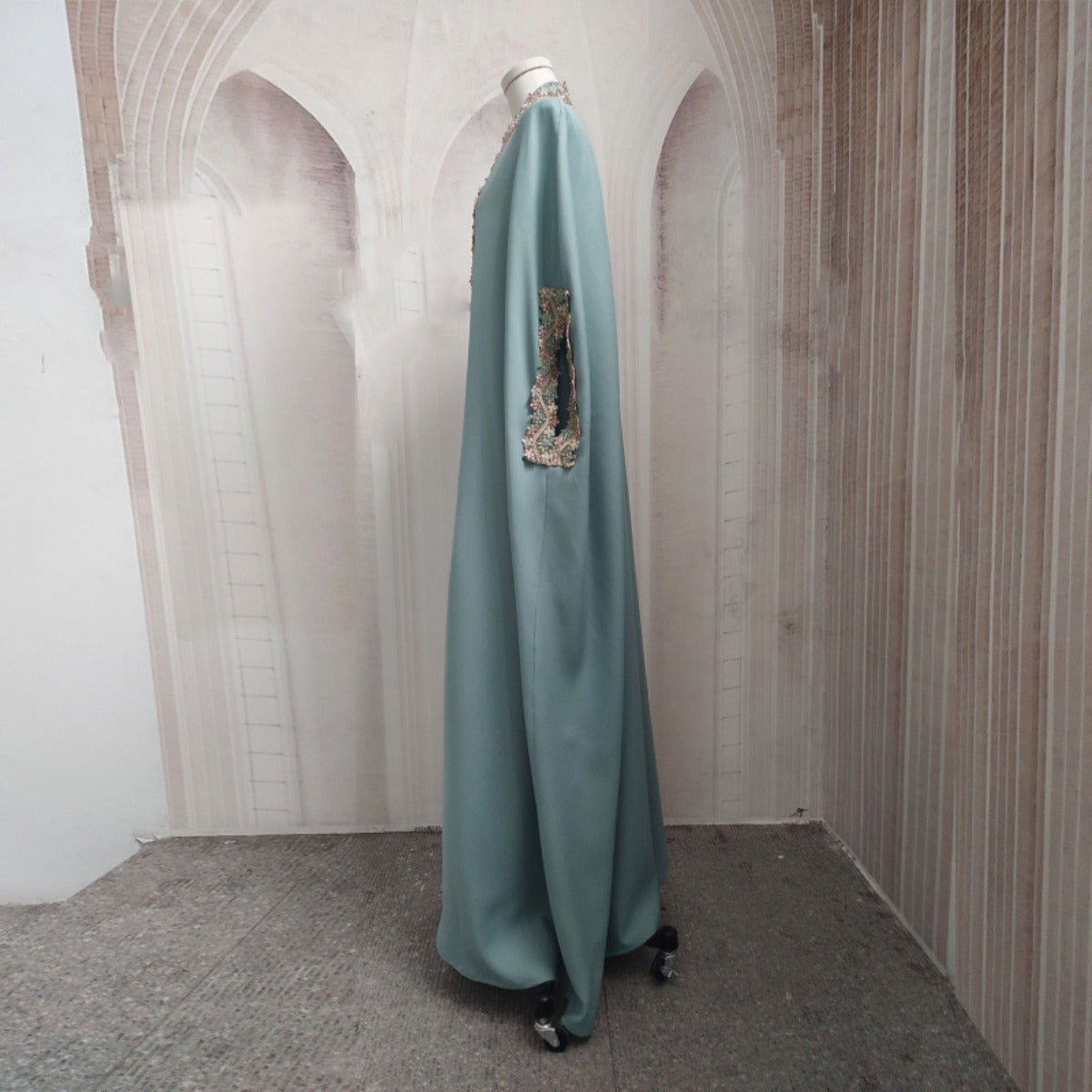 Mint Gold Bell Sleeve Abaya & Robe | Formal Muslim Luxury Two-Piece (MOA177)