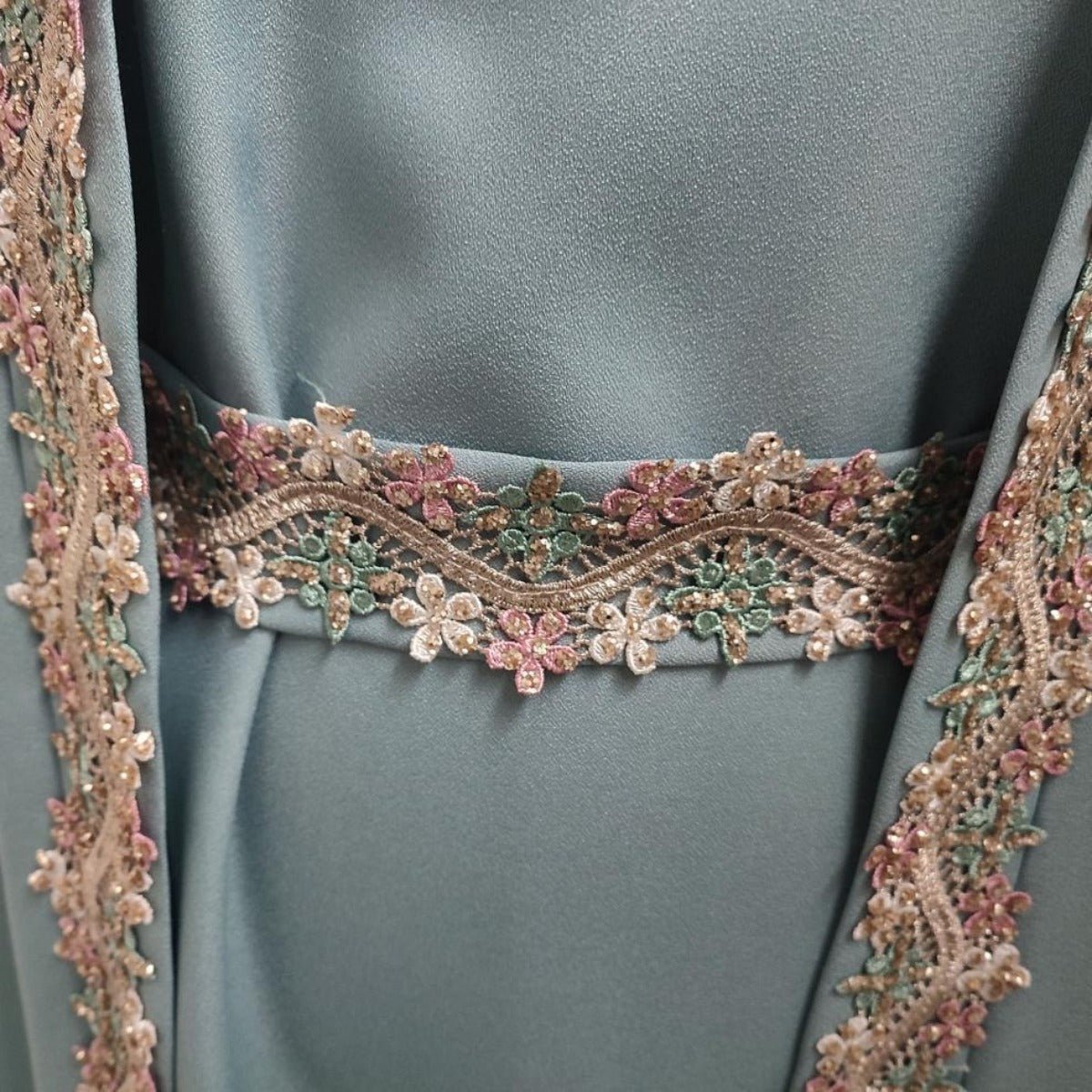 Mint Gold Bell Sleeve Abaya & Robe | Formal Muslim Luxury Two-Piece (MOA177)