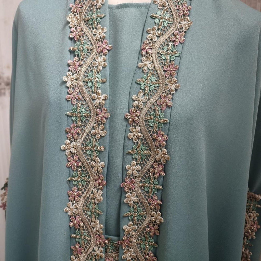 Mint Gold Bell Sleeve Abaya & Robe | Formal Muslim Luxury Two-Piece (MOA177)