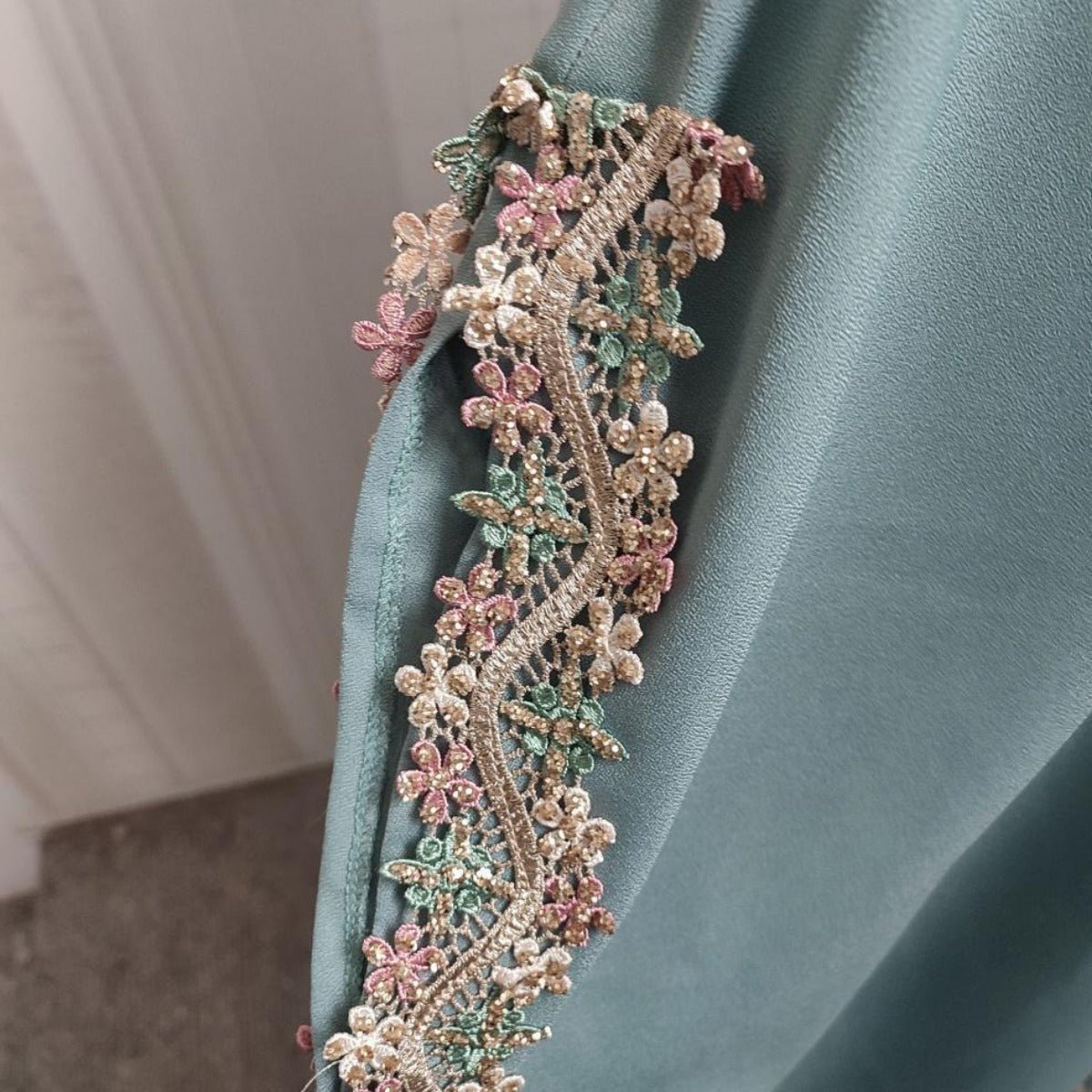 Mint Gold Bell Sleeve Abaya & Robe | Formal Muslim Luxury Two-Piece (MOA177)