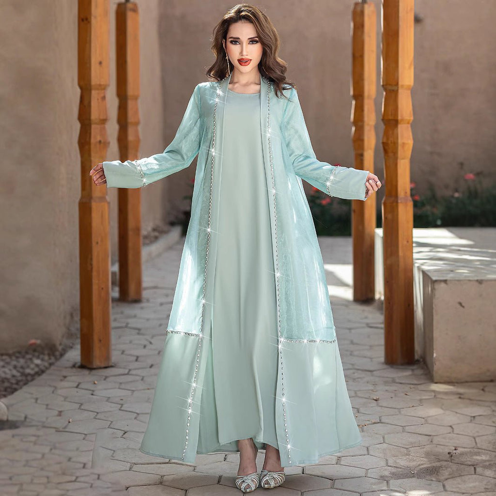 Mint Green Two-Piece Cardigan Dress Diamond-Embellished Cover-Up & Maxi Dress (MOA151)