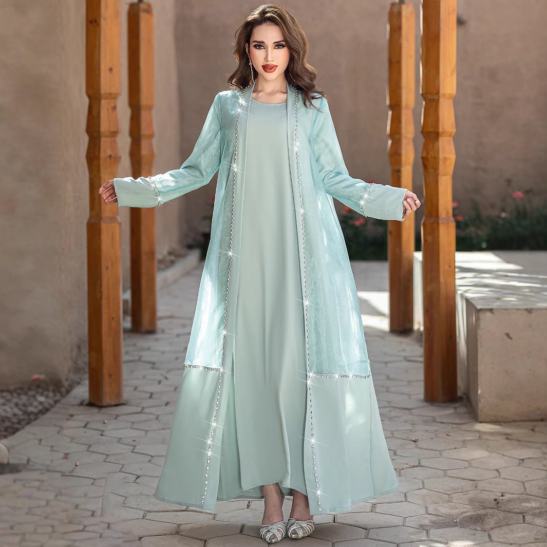 Mint Green Two-Piece Cardigan Dress Diamond-Embellished Cover-Up & Maxi Dress (MOA151)