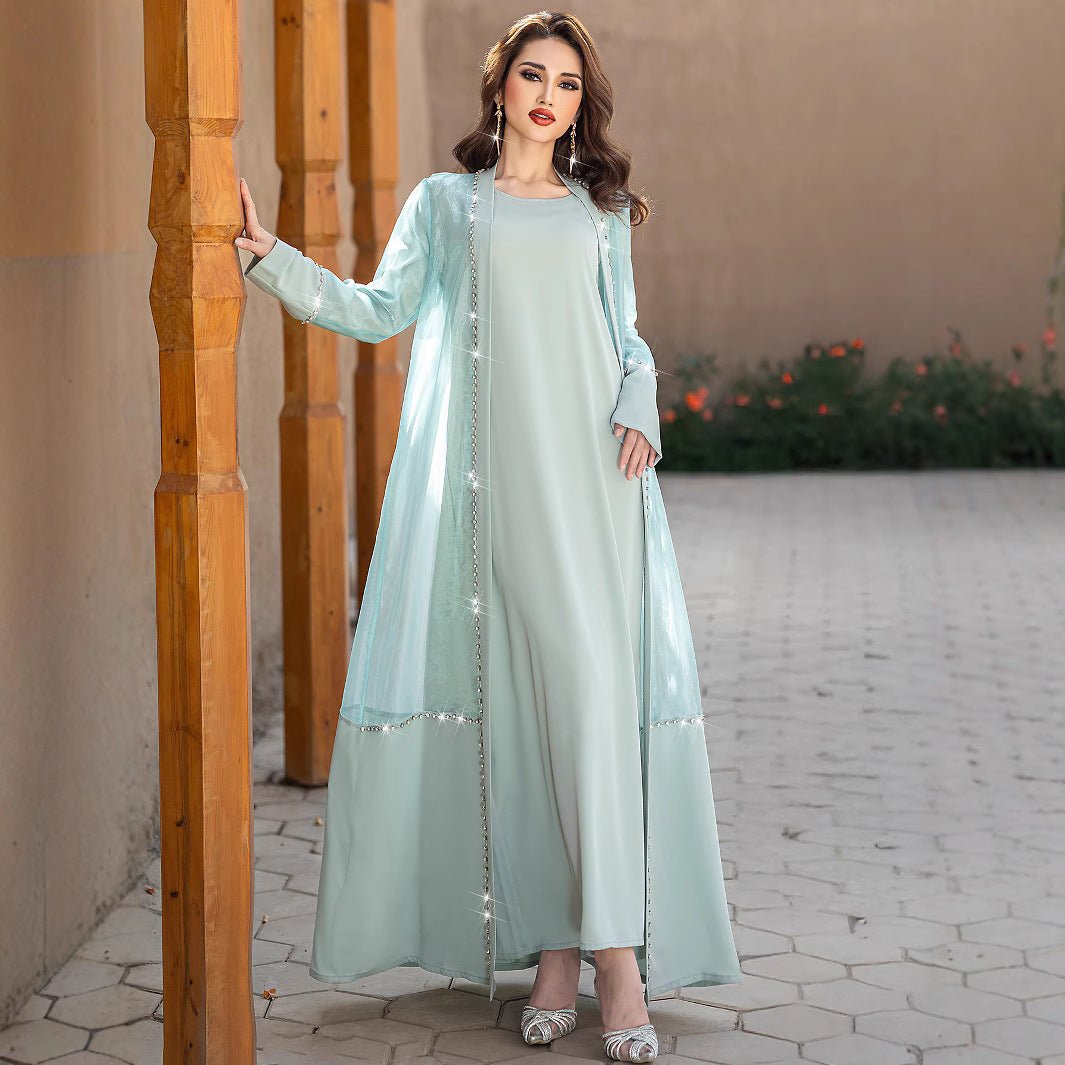Mint Green Two-Piece Cardigan Dress Diamond-Embellished Cover-Up & Maxi Dress (MOA151)