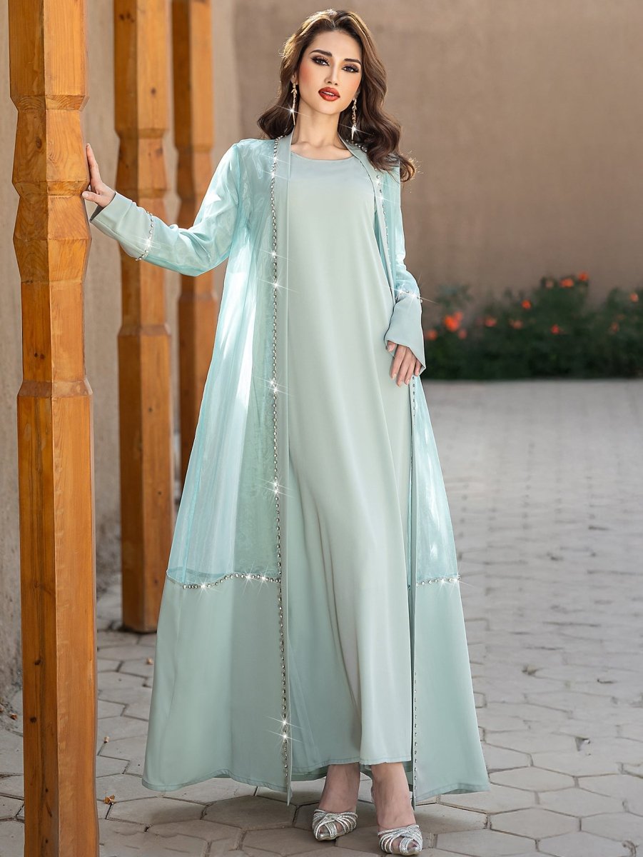 Mint Green Two-Piece Cardigan Dress Diamond-Embellished Cover-Up & Maxi Dress (MOA151)